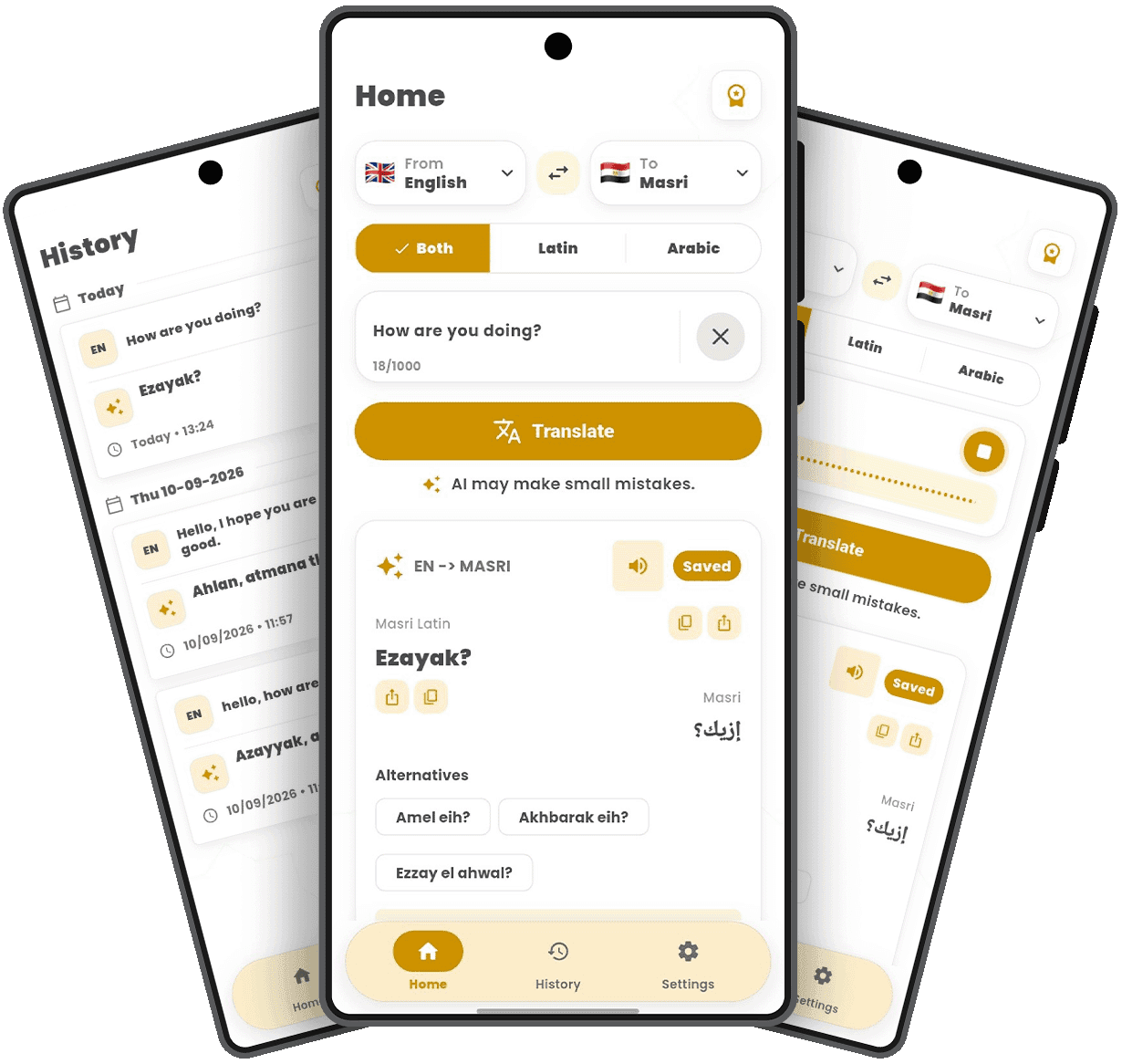 ML Translator app screens: an English to Masri translation, alternatives and saved history